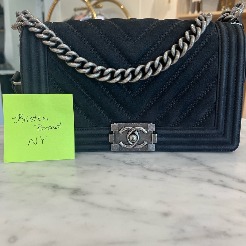 CHANEL Black Suede Quilted Boy Shoulder Bag with Silver-Tone Chain